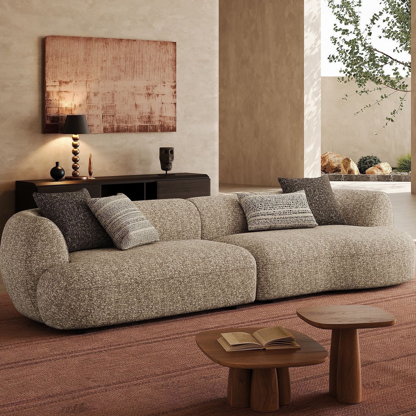 Kumo Curved Suede Sofa side view - suede fabric sofa - The Flamingo Life