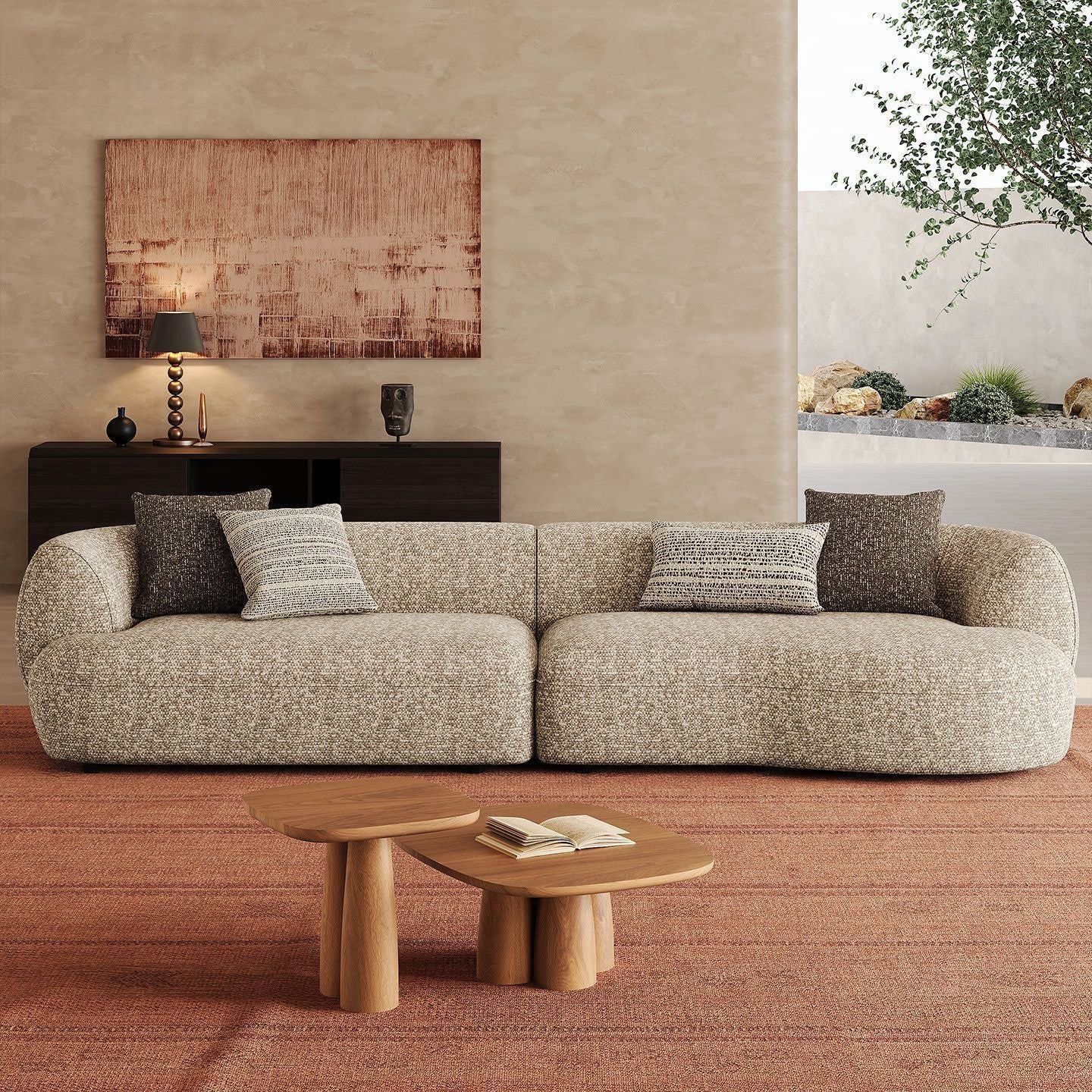 Kumo Curved Suede Sofa detail view - suede fabric sofa - The Flamingo Life