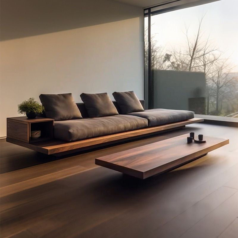 Nori Shelf-Base Suede Sofa living room view - suede fabric sofa - The Flamingo Life