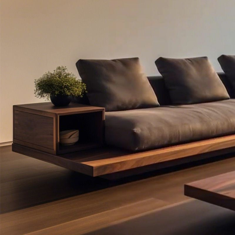 Nori Shelf-Base Suede Sofa detail view - suede fabric sofa - The Flamingo Life