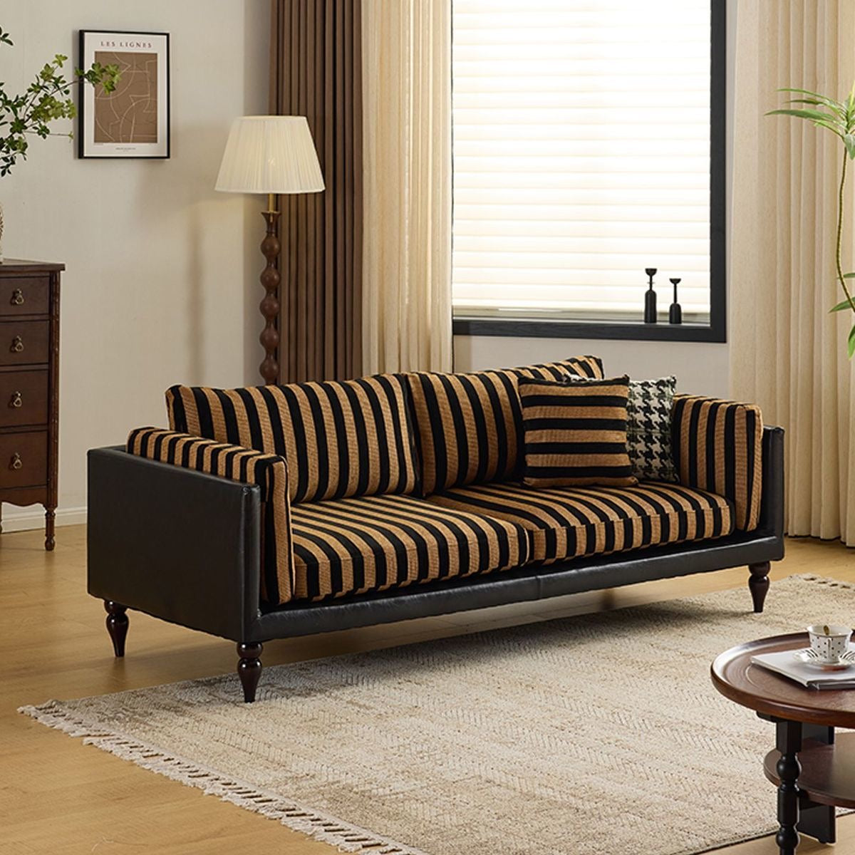 Freja Channel-Stripe Suede Sofa living room view - suede fabric sofa - The Flamingo Life