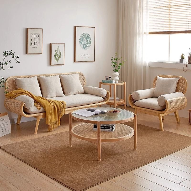 Yuki Rattan-Arm Suede Sofa living room view - suede fabric sofa - The Flamingo Life