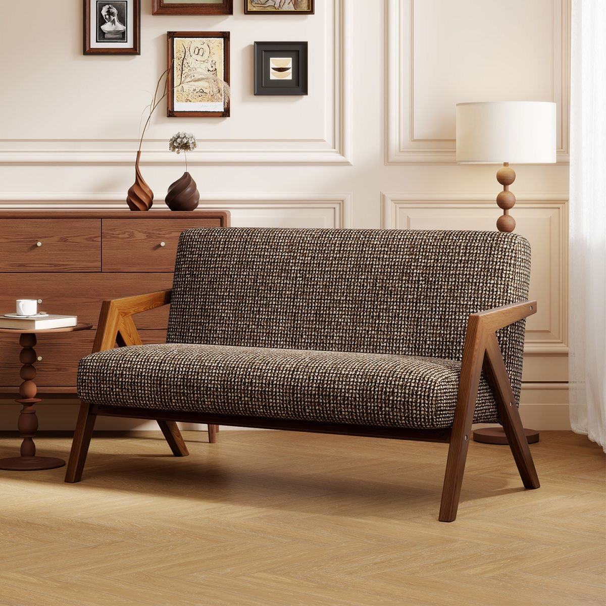Rin Angular-Arm Suede Loveseat Taupe Brown colourway - suede fabric loveseat - The Flamingo Life