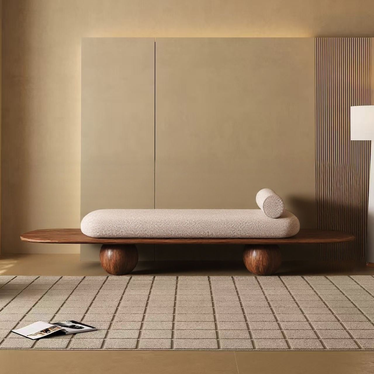 Sumi Bolster Suede Bench living room view - suede fabric bench - The Flamingo Life