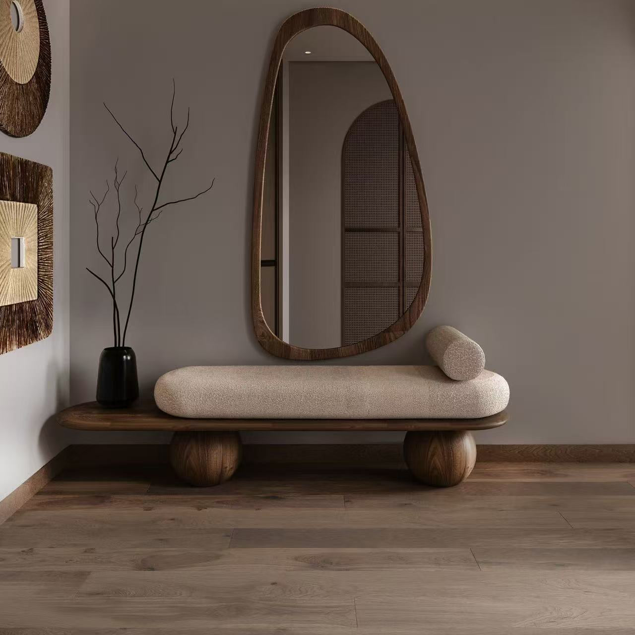 Sumi Bolster Suede Bench side view - suede fabric bench - The Flamingo Life