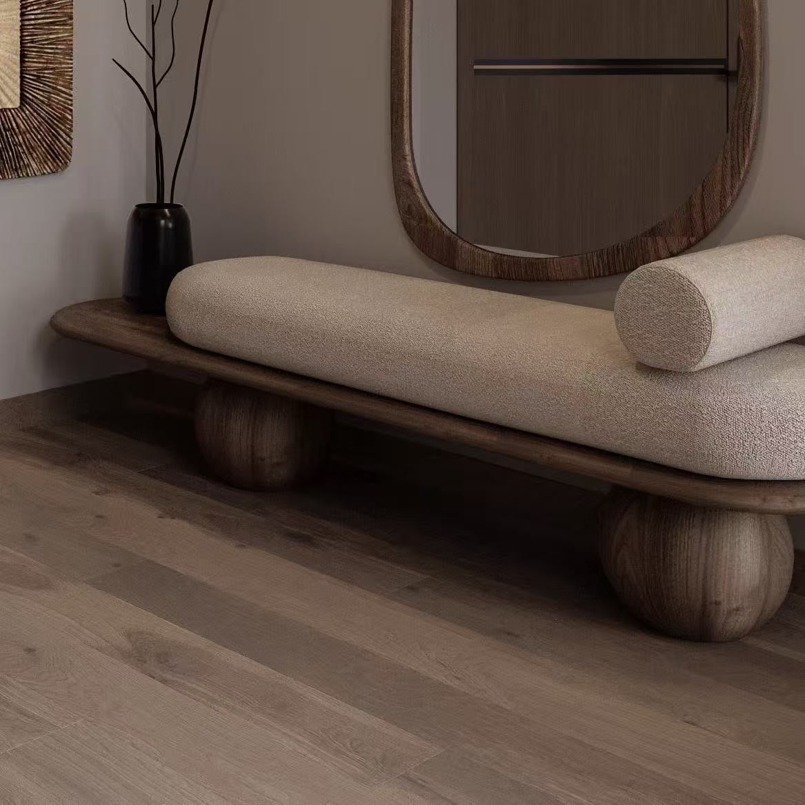 Sumi Bolster Suede Bench living room view - suede fabric bench - The Flamingo Life