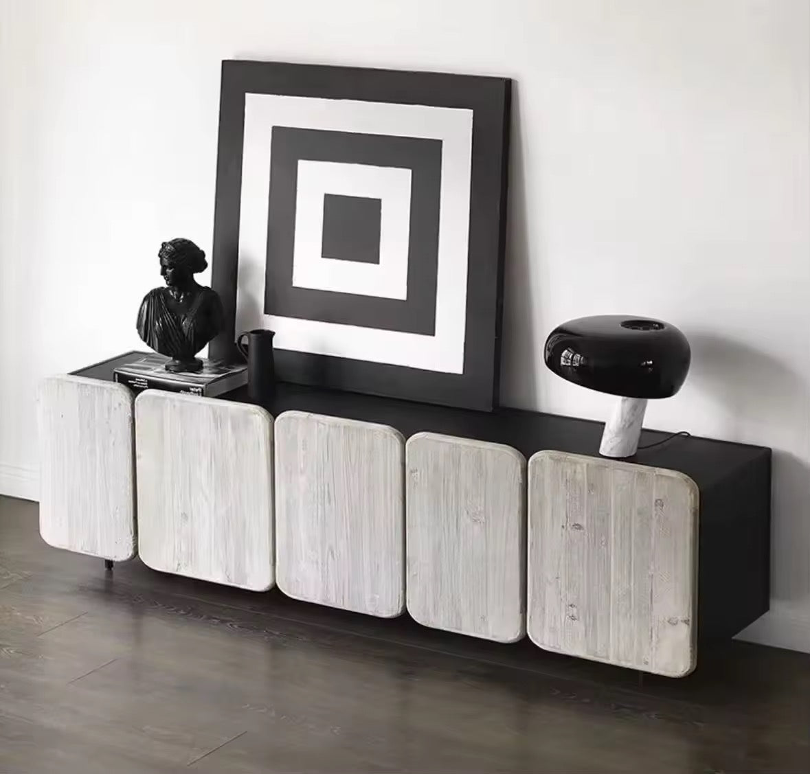 Airi Boxed Console/Buffet Table close-up - wood veneer console table - The Flamingo Life