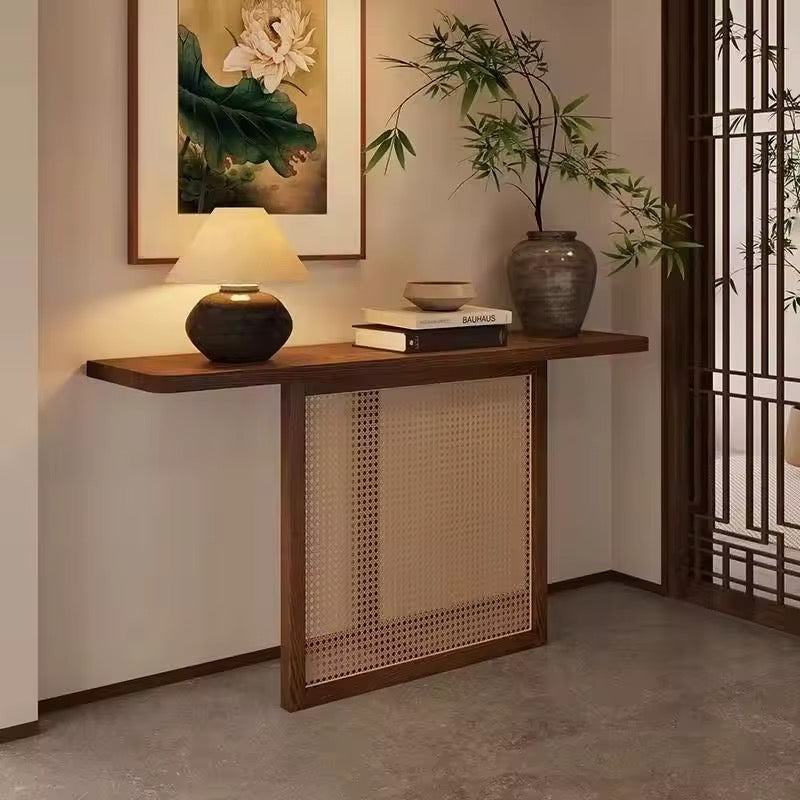 Japandi Rattan Entryway Console lifestyle view - rattan weave console table - The Flamingo Life