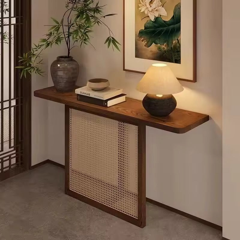 Japandi Rattan Entryway Console detail view - rattan weave console table - The Flamingo Life