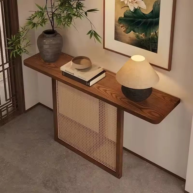 Japandi Rattan Entryway Console side view - rattan weave console table - The Flamingo Life