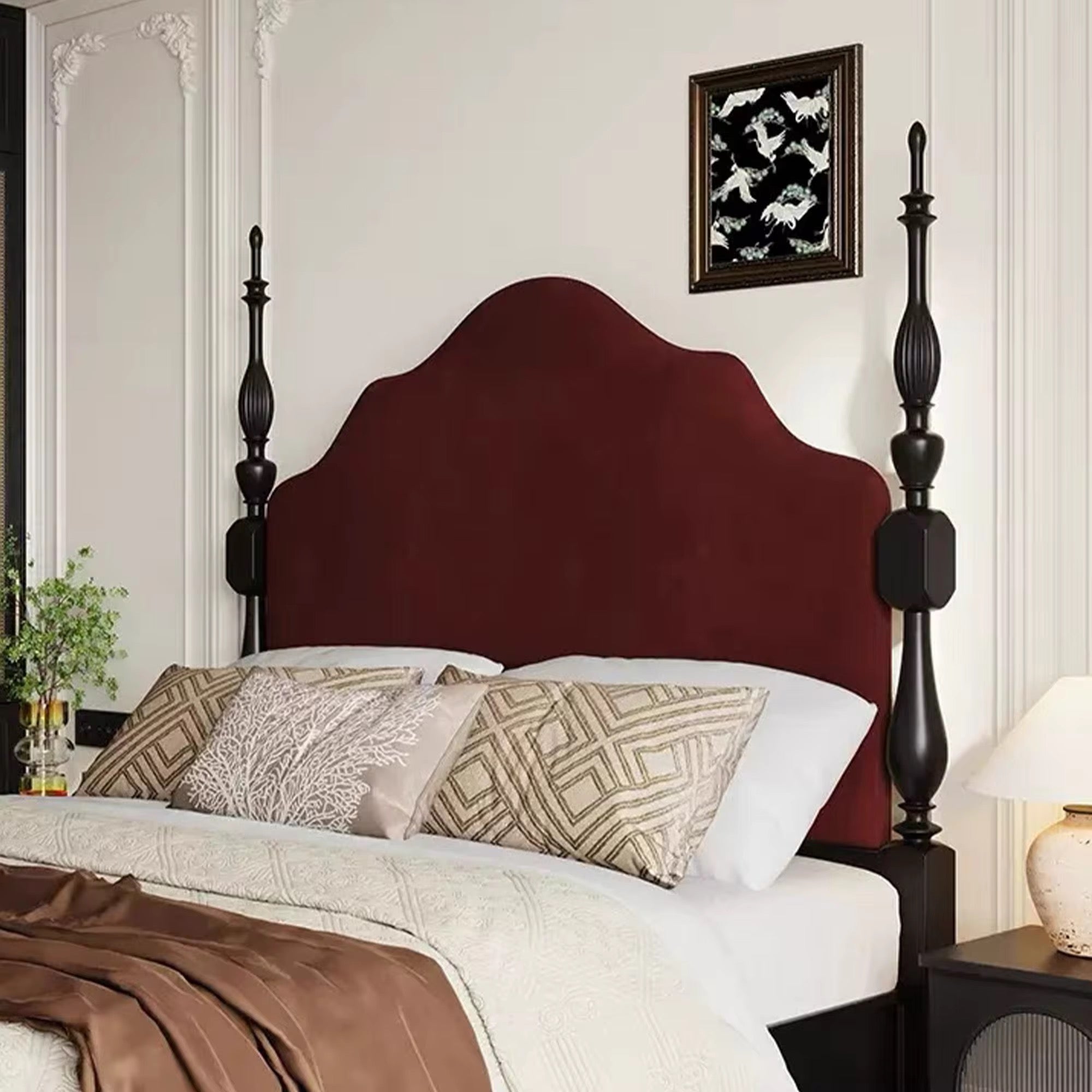 Maharani Upholstered Velvet Bed – side view – luxury velvet bed India – The Flamingo Life