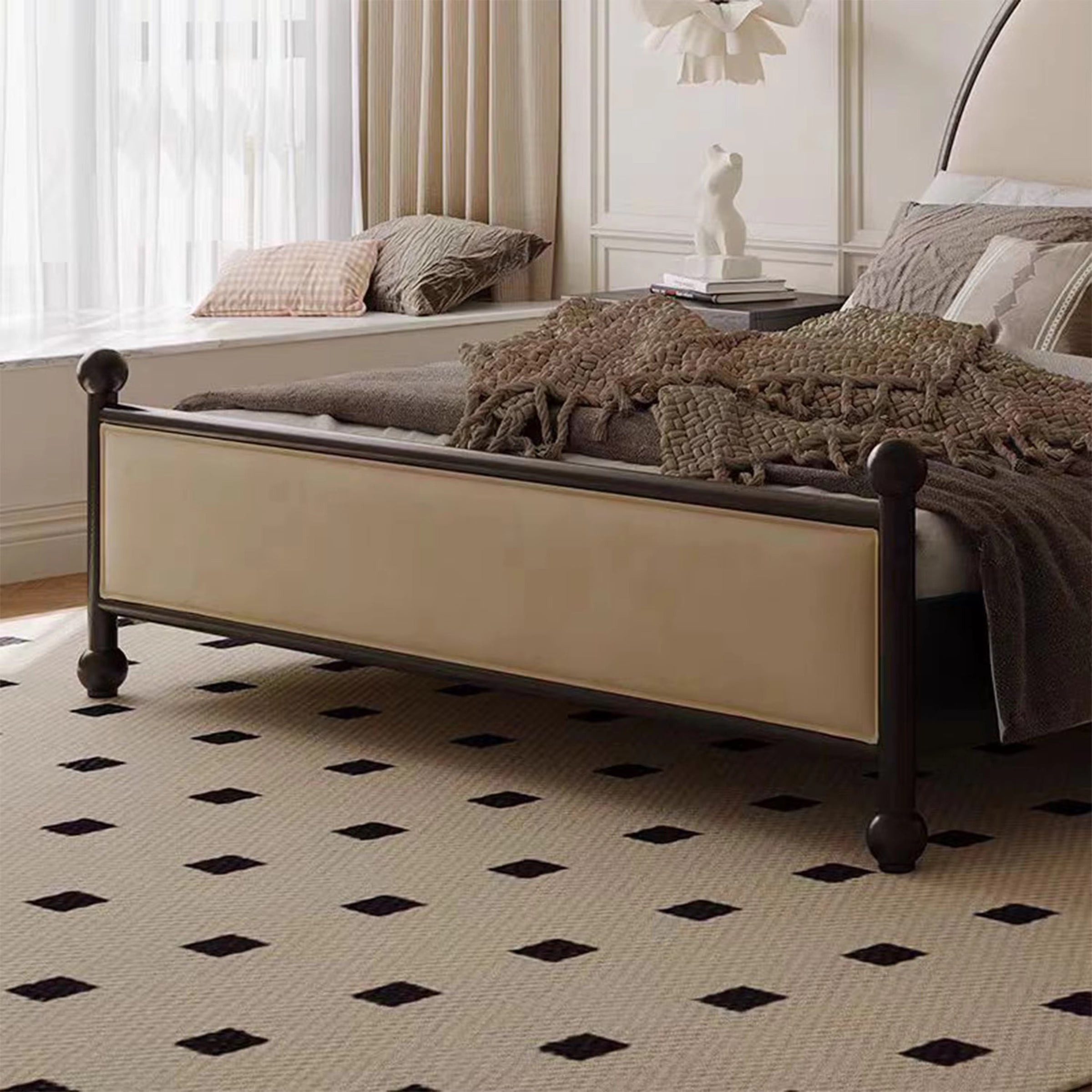 Kyoto Luxury Upholstered Japandi Suede Bed – lifestyle view – luxury japandi bed India – The Flamingo Life