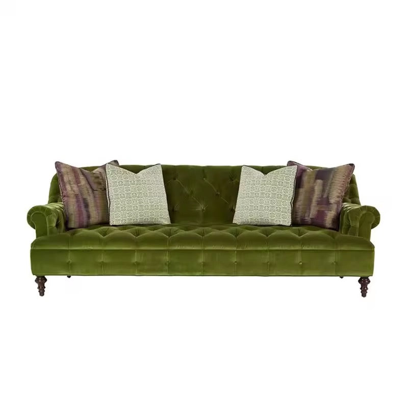 Mivra English Couch detail view - suede upholstery sofa - The Flamingo Life