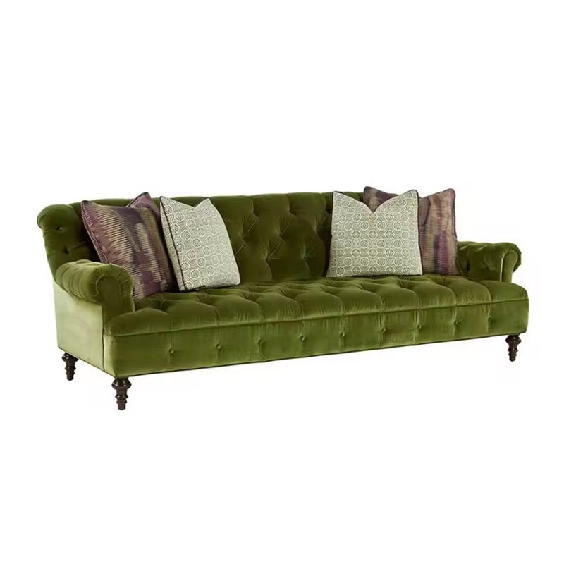 Mivra English Couch side view - suede upholstery sofa - The Flamingo Life