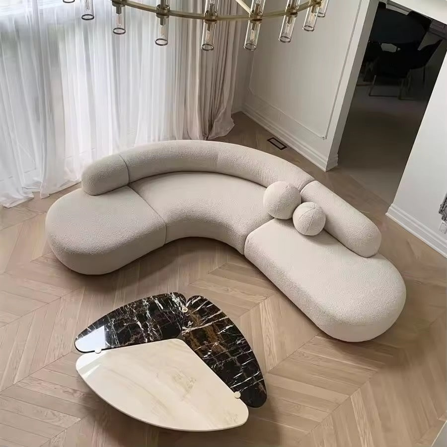 Orivo Curved Couch detail view - boucle fabric sofa - The Flamingo Life