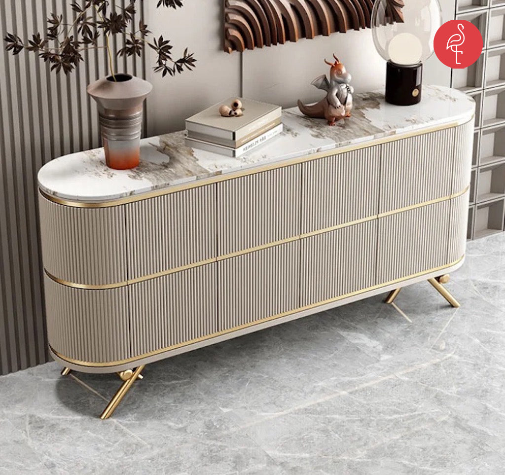Klapso Console Marble and Lourve side view - marble console table - The Flamingo Life