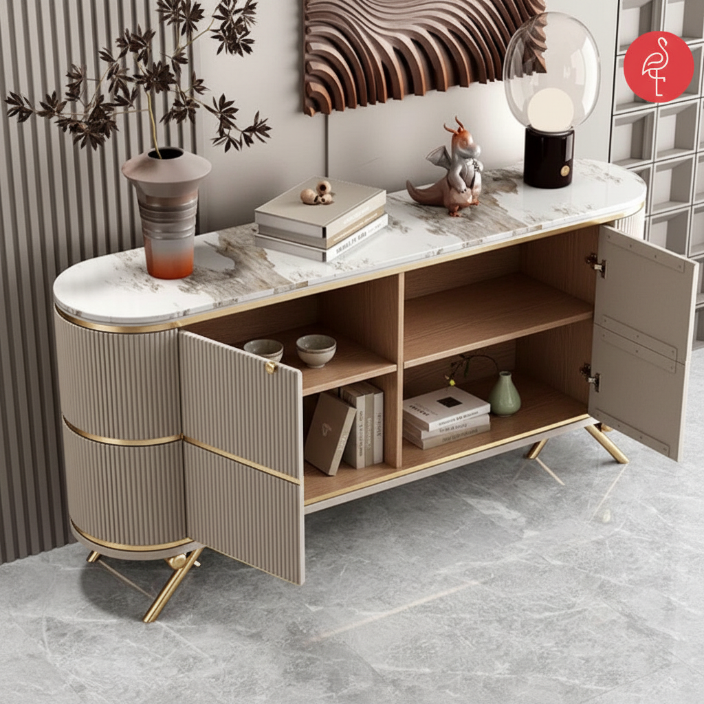 Klapso Console Marble and Louvre – room styled view – marble console table India – The Flamingo Life