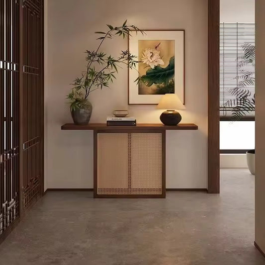 Japandi Rattan Entryway Console - rattan weave console table - The Flamingo Life