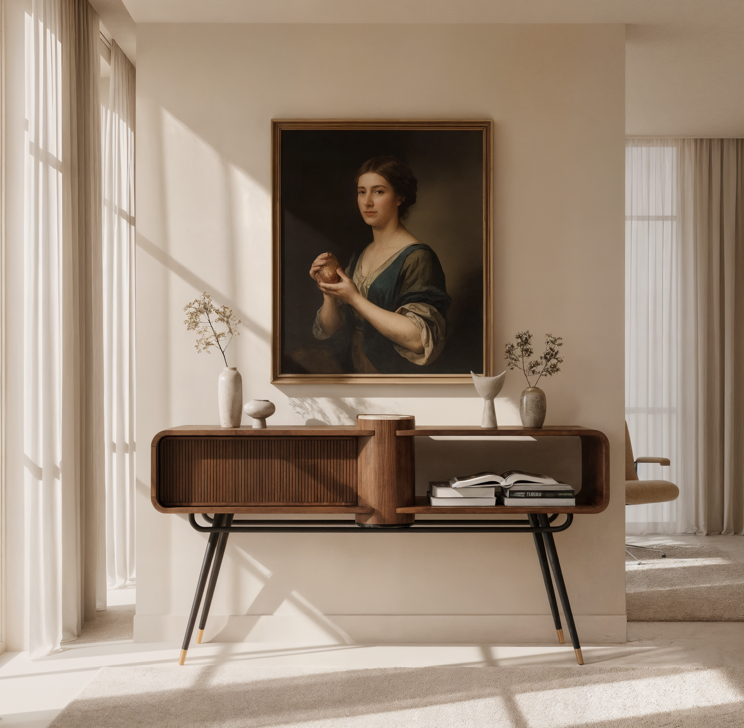 Kenzan Console side view - solid teak wood console table - The Flamingo Life