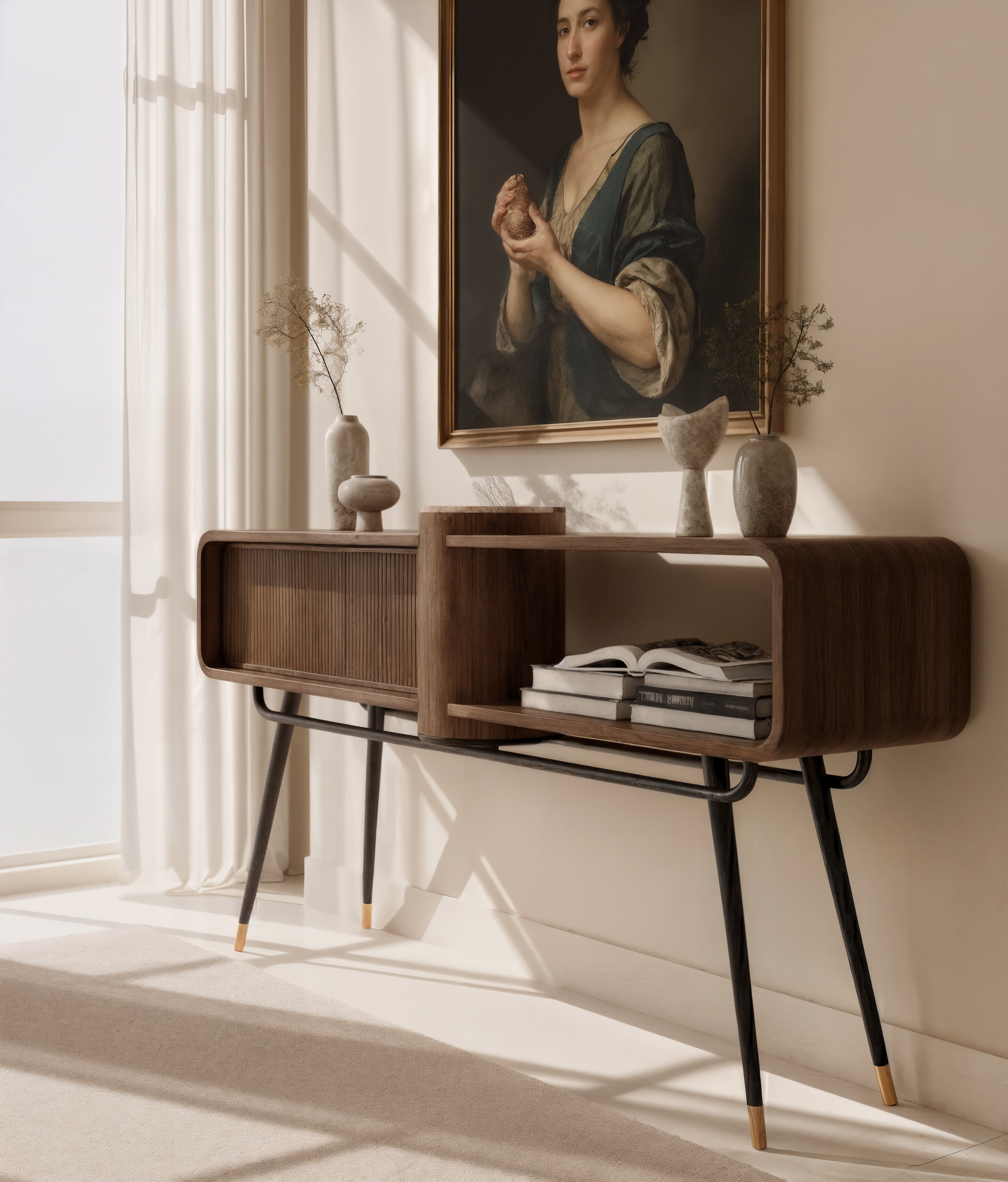 Kenzan Console detail view - solid teak wood console table - The Flamingo Life