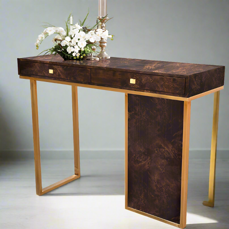 Camilia Burnt Veneer Gold Lux Console close-up - wood veneer console table - The Flamingo Life