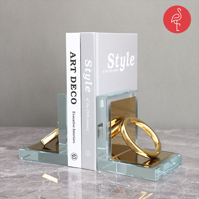 OX Glass & Gold Fancy Bookend – angle view – luxury gold bookend India – The Flamingo Life