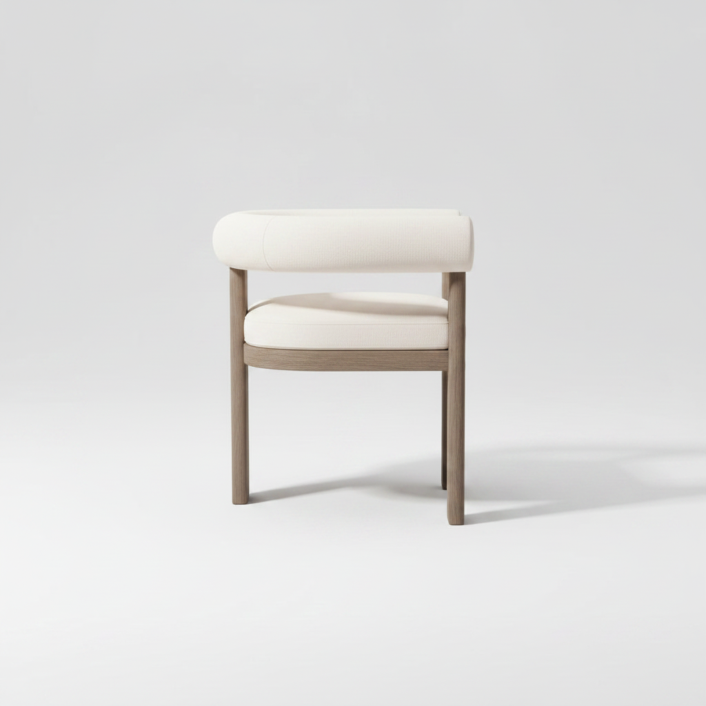 Dining chair with wooden frame and white cushion on a white background