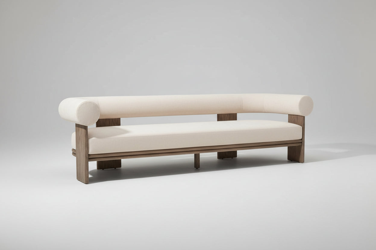 3-seater sofa with wooden frame and white cushion on a beige background