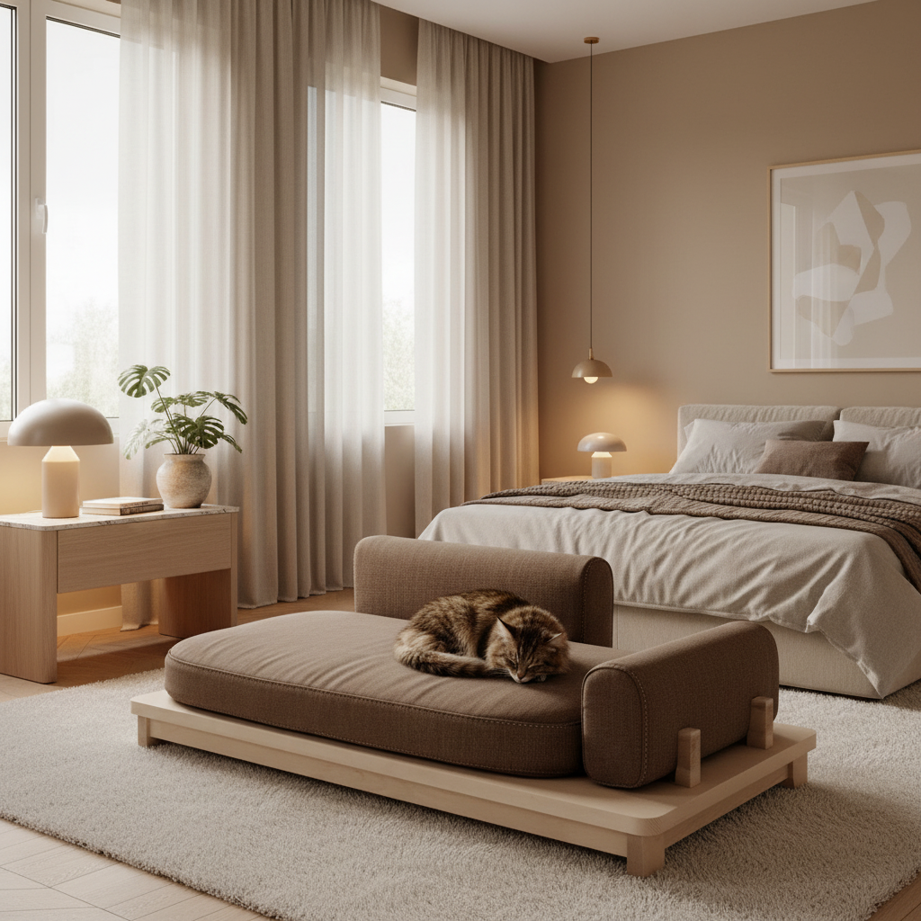 Modern bedroom with a cat on a brown pet bed