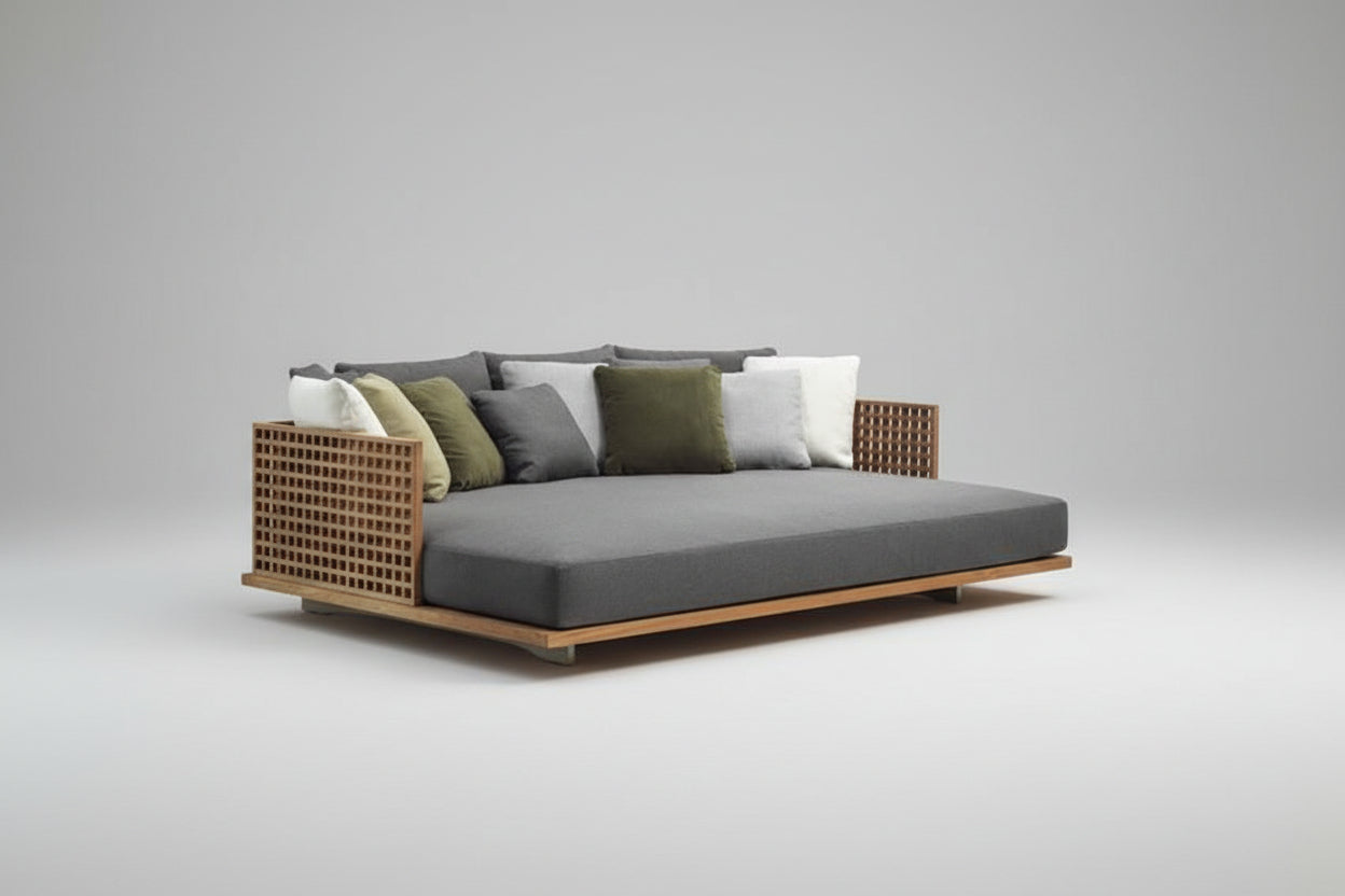 Swarnarekha Outdoor Teak Furniture – lifestyle view – luxury outdoor teak furniture India – The Flamingo Life