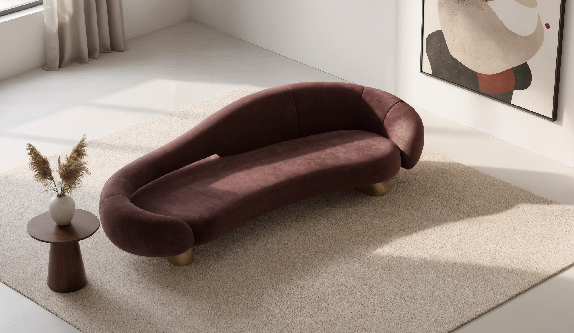 Sora Curved Sofa 3 Seater Suede – side view – luxury curved sofa India – The Flamingo Life