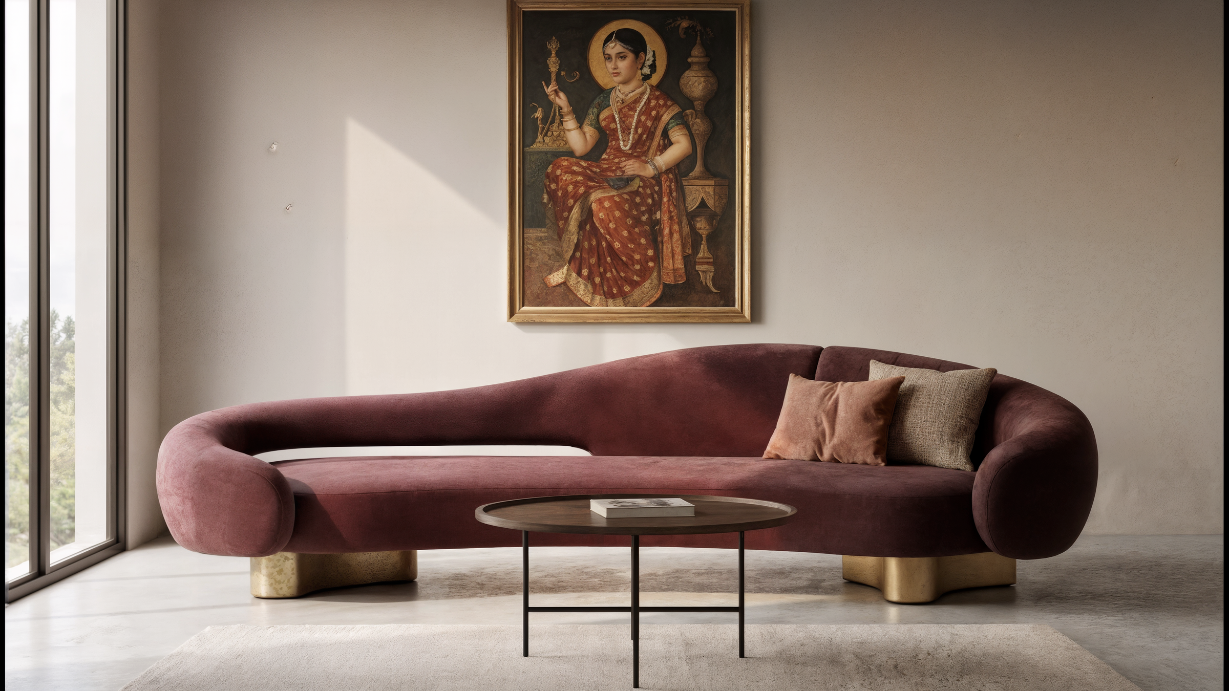 Sora Curved Sofa 3 Seater Suede – front view – luxury curved sofa India – The Flamingo Life