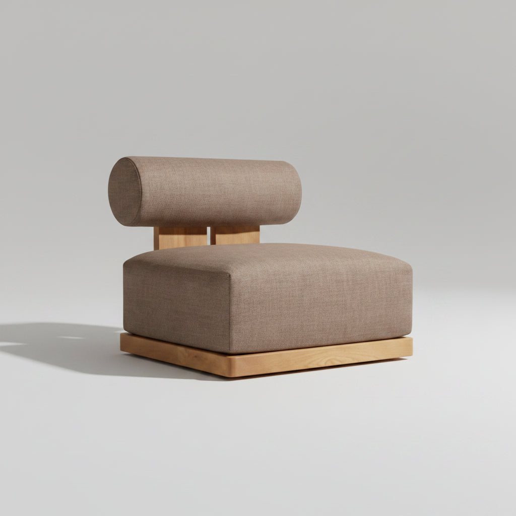 Brown swivel lounge chair with dimensions on a beige background