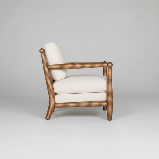 Lounge chair with dimensions on a peach background