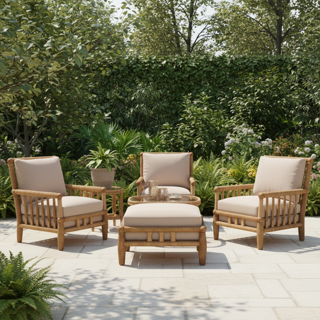 Yamuna Outdoor Teak Furniture – close-up view – luxury outdoor teak furniture India – The Flamingo Life