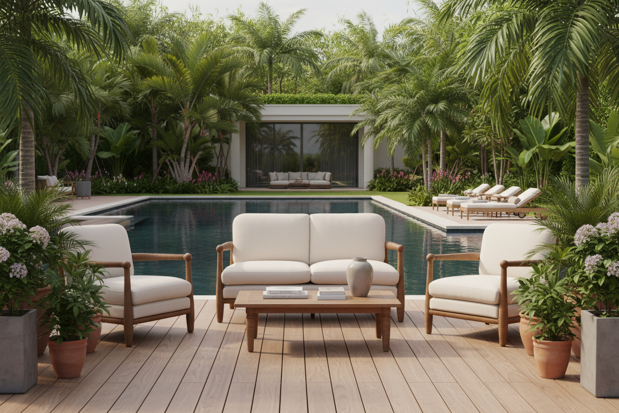 Yamuna Outdoor Teak Furniture – lifestyle view – luxury outdoor teak furniture India – The Flamingo Life