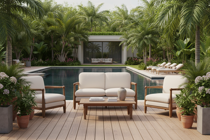 Yamuna Outdoor Teak Furniture – lifestyle view – luxury outdoor teak furniture India – The Flamingo Life