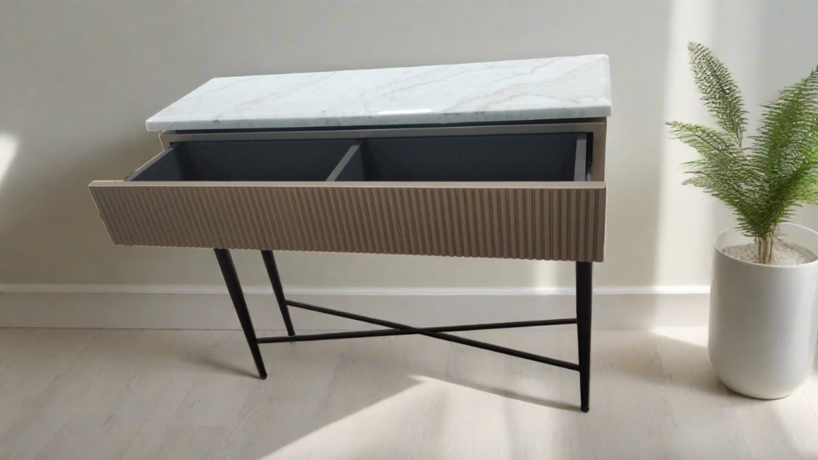 Perini Marble Top Entry Console detail view - marble console table - The Flamingo Life