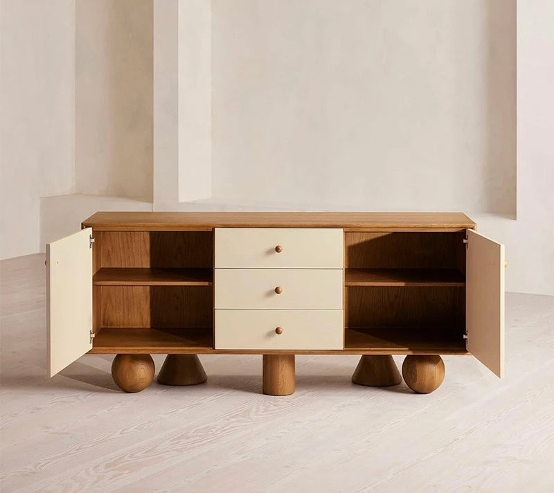 Cone Sphere Console/Cabinet angle view - Japandi console table - The Flamingo Life